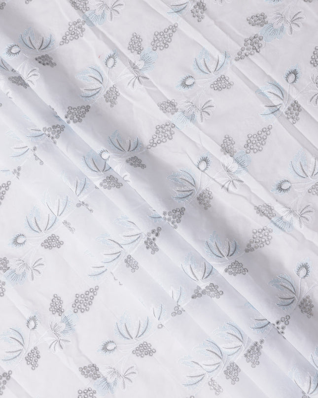 White and Blue Floral Embroidered Cotton Voile Fabric, 110 Cms Width, India-D25189