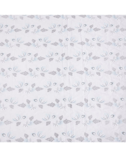 White and Blue Floral Embroidered Cotton Voile Fabric, 110 Cms Width, India-D25189