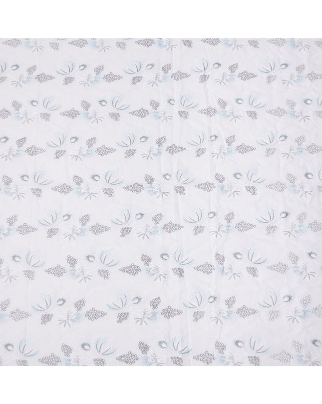 White and Blue Floral Embroidered Cotton Voile Fabric, 110 Cms Width, India-D25189