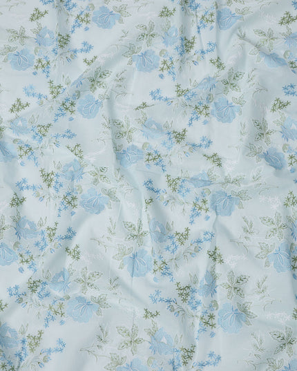 Light Blue Floral Embroidered Cotton Voile Fabric, 110 Cms Width, India-D25198