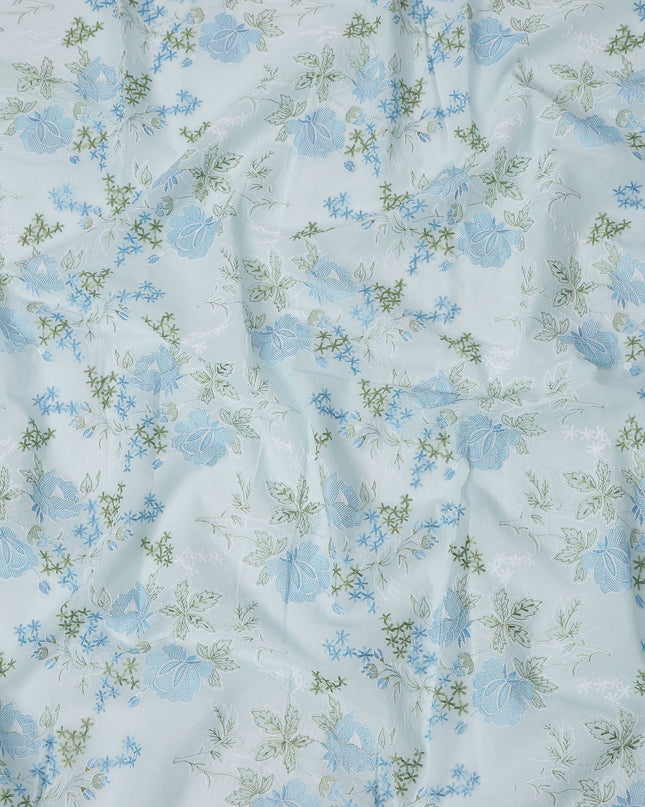 Light Blue Floral Embroidered Cotton Voile Fabric, 110 Cms Width, India-D25198