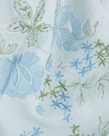 Light Blue Floral Embroidered Cotton Voile Fabric, 110 Cms Width, India-D25198