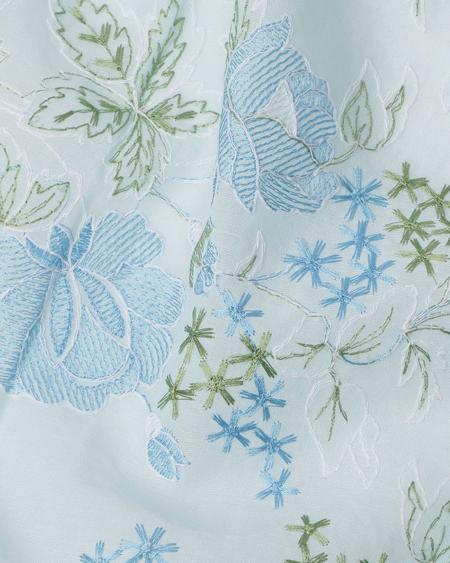 Light Blue Floral Embroidered Cotton Voile Fabric, 110 Cms Width, India-D25198