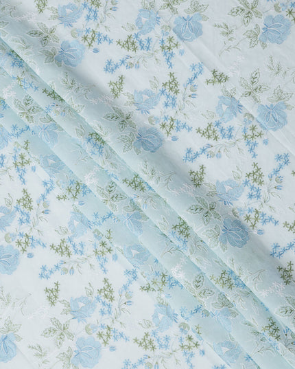 Light Blue Floral Embroidered Cotton Voile Fabric, 110 Cms Width, India-D25198