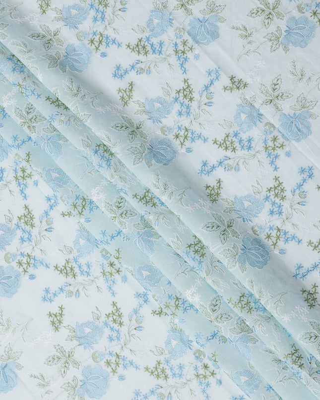Light Blue Floral Embroidered Cotton Voile Fabric, 110 Cms Width, India-D25198