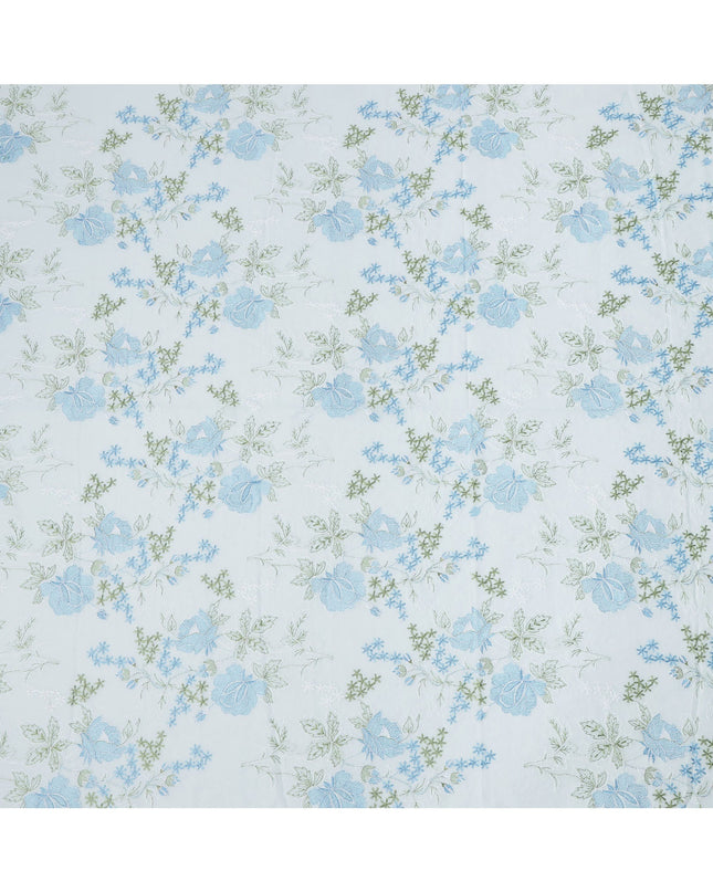 Light Blue Floral Embroidered Cotton Voile Fabric, 110 Cms Width, India-D25198