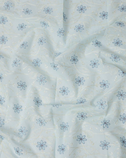Light Blue Cotton Voile Embroidery Fabric with Navy Blue Floral Print, Width 110 Cms, India-D25299