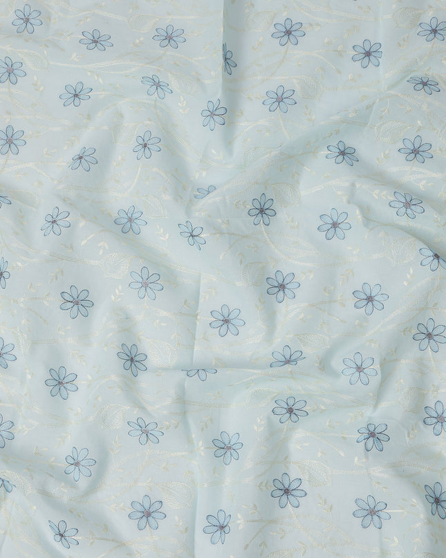 Light Blue Cotton Voile Embroidery Fabric with Navy Blue Floral Print, Width 110 Cms, India-D25299