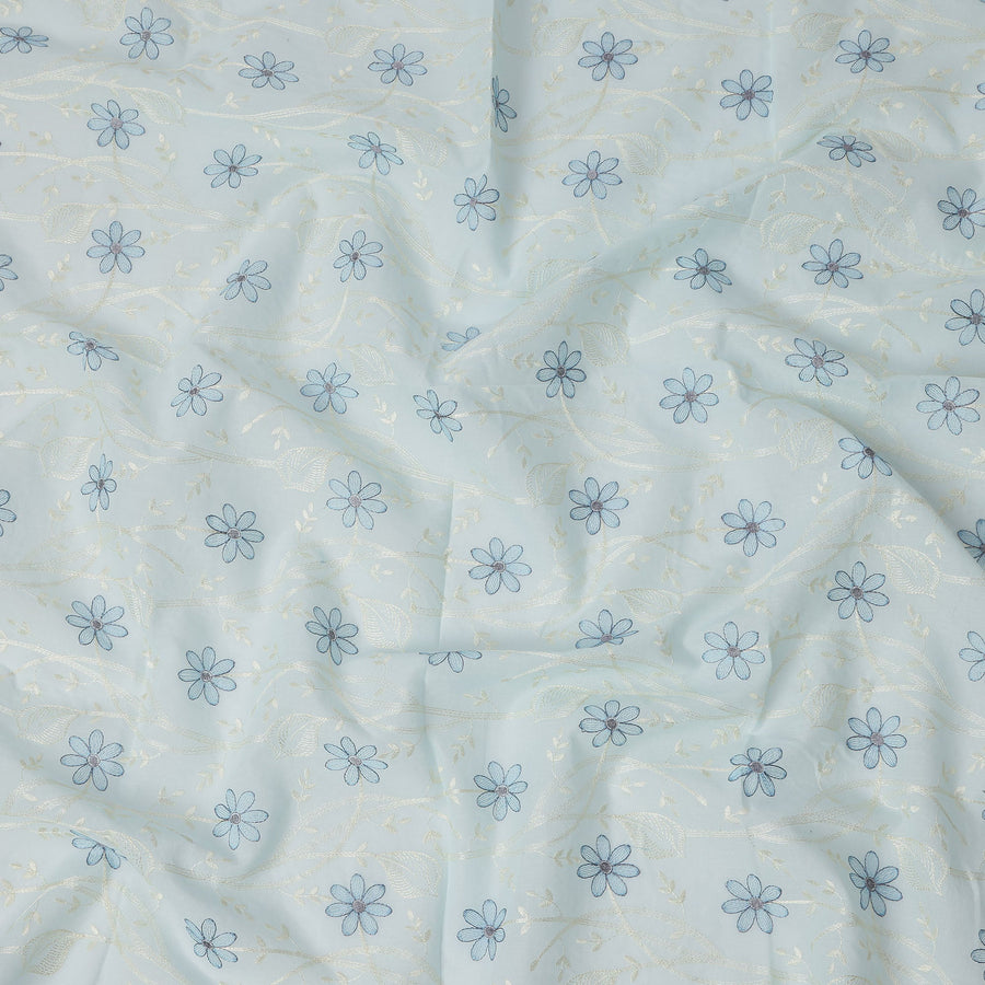 Light Blue Cotton Voile Embroidery Fabric with Navy Blue Floral Print, Width 110 Cms, India-D25299