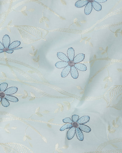 Light Blue Cotton Voile Embroidery Fabric with Navy Blue Floral Print, Width 110 Cms, India-D25299