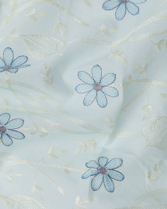 Light Blue Cotton Voile Embroidery Fabric with Navy Blue Floral Print, Width 110 Cms, India-D25299