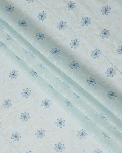 Light Blue Cotton Voile Embroidery Fabric with Navy Blue Floral Print, Width 110 Cms, India-D25299