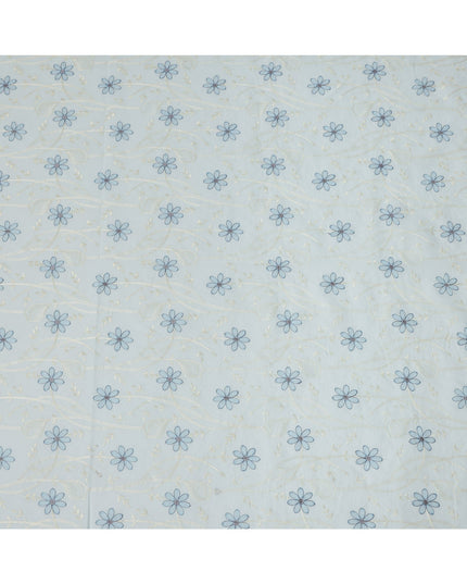 Light Blue Cotton Voile Embroidery Fabric with Navy Blue Floral Print, Width 110 Cms, India-D25299