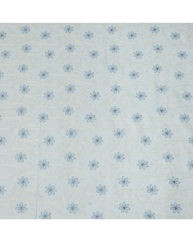 Light Blue Cotton Voile Embroidery Fabric with Navy Blue Floral Print, Width 110 Cms, India-D25299