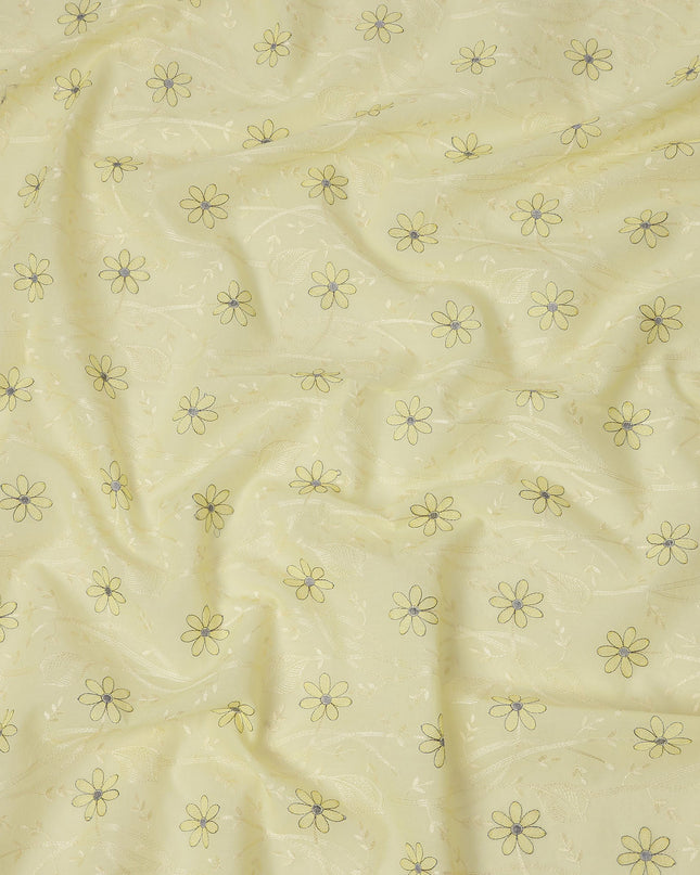 Light Yellow Cotton Voile Embroidery Fabric with Black and Yellow Floral Print, Width 110 Cms, India-D25298