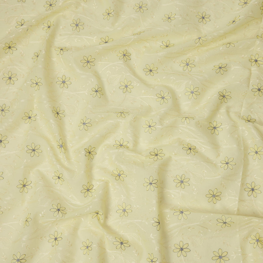 قماش تطريز من القطن الأصفر الفاتح بطبعة زهور باللونين الأسود والأصفر، عرض 110 سم، الهند - D25298