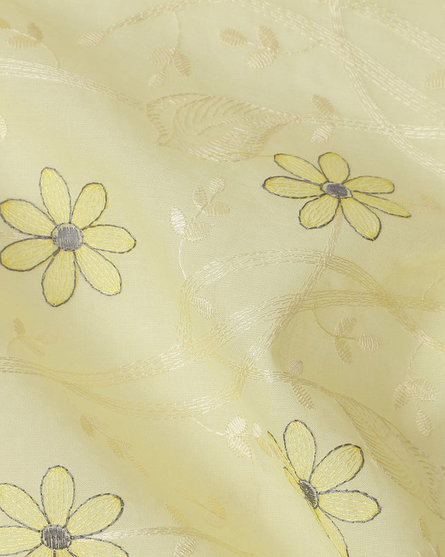 Light Yellow Cotton Voile Embroidery Fabric with Black and Yellow Floral Print, Width 110 Cms, India-D25298