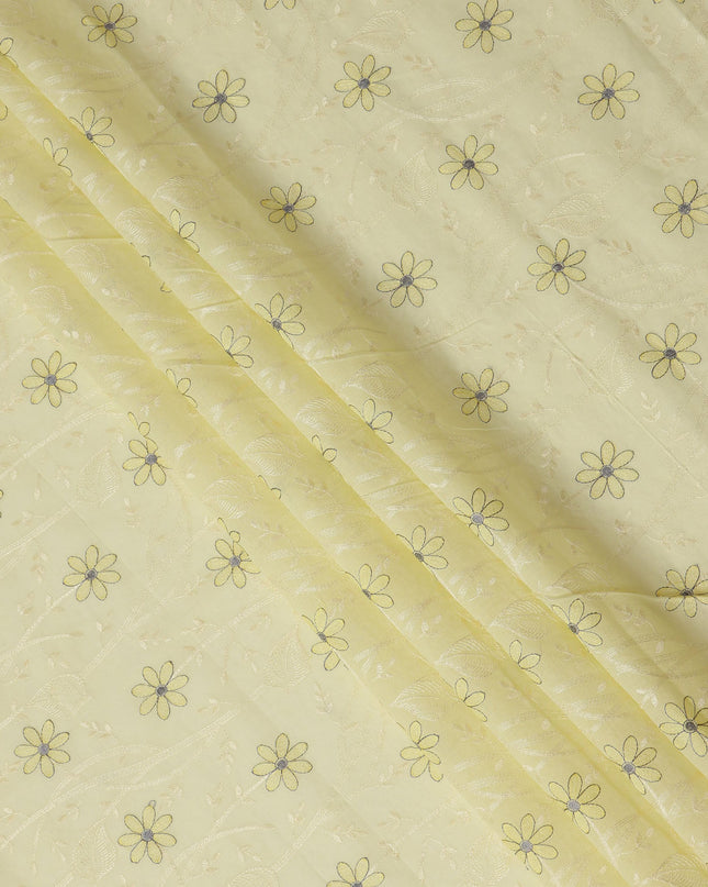 Light Yellow Cotton Voile Embroidery Fabric with Black and Yellow Floral Print, Width 110 Cms, India-D25298