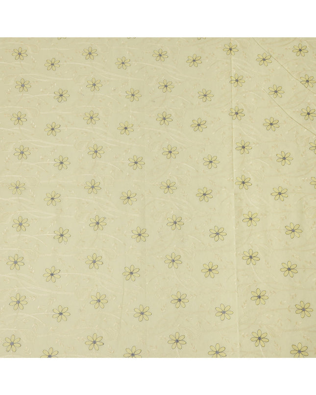 Light Yellow Cotton Voile Embroidery Fabric with Black and Yellow Floral Print, Width 110 Cms, India-D25298