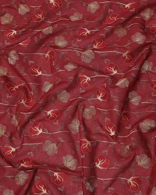 Maroon Floral Embroidered Cotton Voile Fabric with Multicolor Threadwork, 110 Cms Width, India-D25324