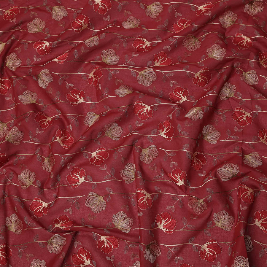 قماش فوال قطني مطرز بنقشة زهور بلون العنابي مع خيوط متعددة الألوان، عرض 110 سم، الهند - D25324