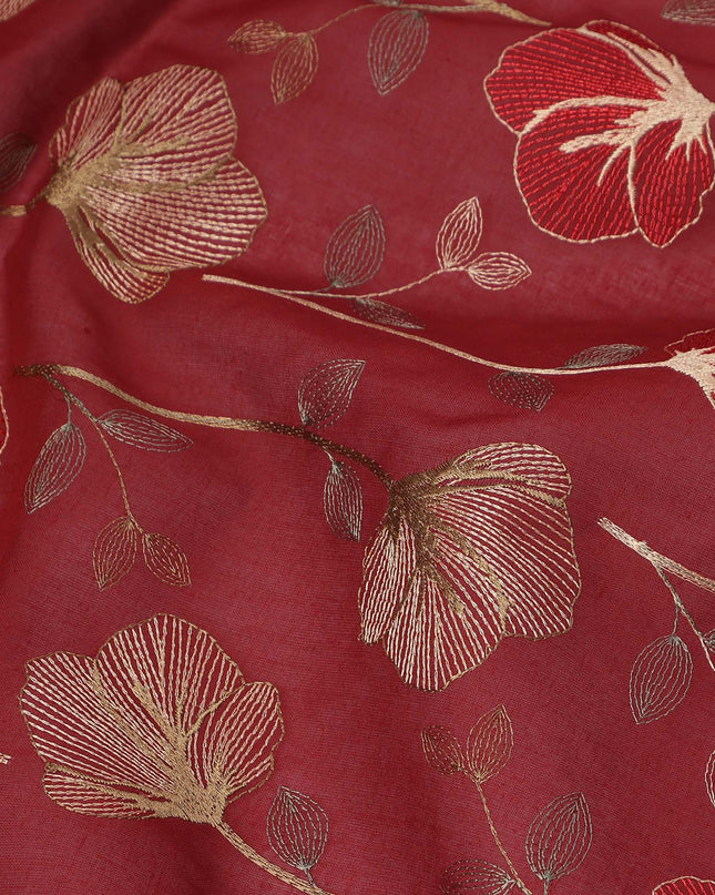 Maroon Floral Embroidered Cotton Voile Fabric with Multicolor Threadwork, 110 Cms Width, India-D25324