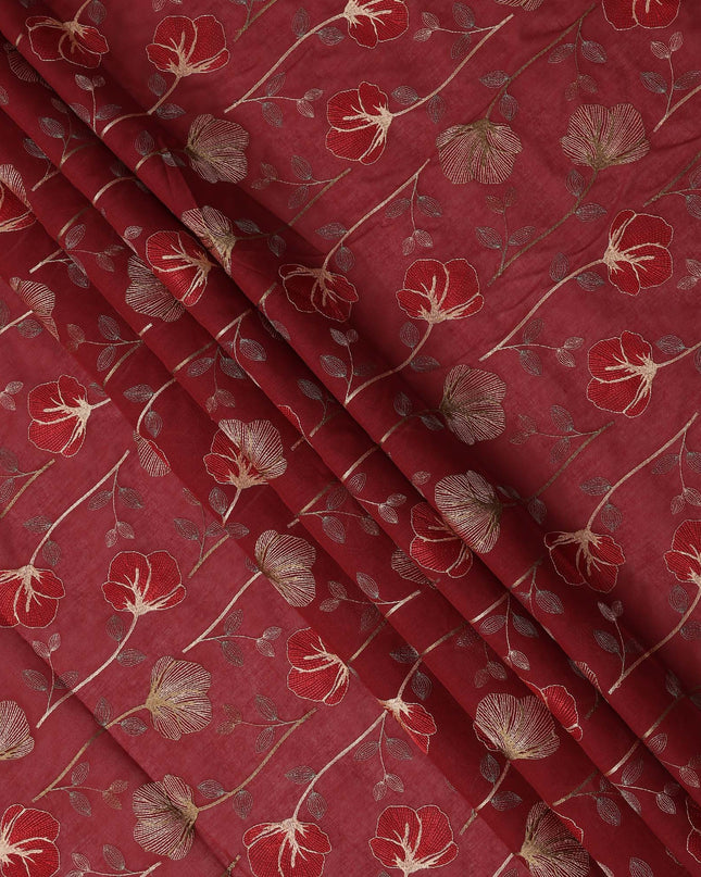 Maroon Floral Embroidered Cotton Voile Fabric with Multicolor Threadwork, 110 Cms Width, India-D25324