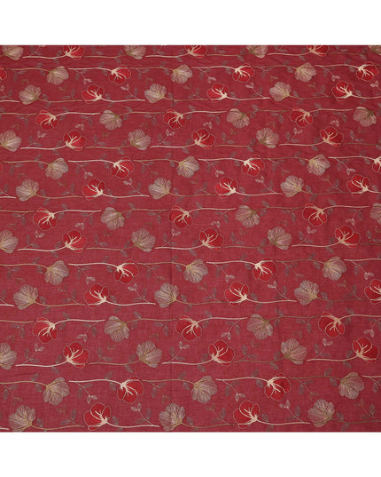 قماش فوال قطني مطرز بنقشة زهور بلون العنابي مع خيوط متعددة الألوان، عرض 110 سم، الهند - D25324