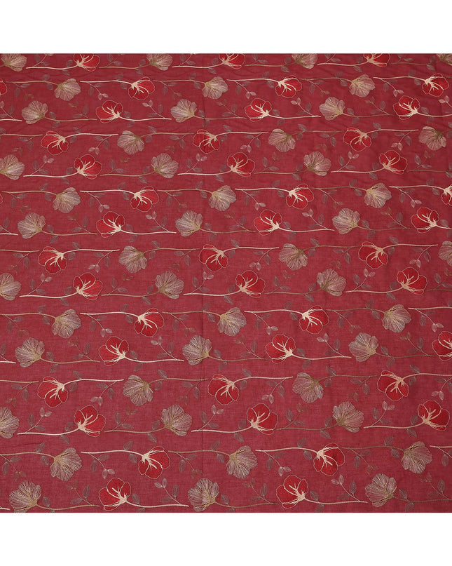 Maroon Floral Embroidered Cotton Voile Fabric with Multicolor Threadwork, 110 Cms Width, India-D25324