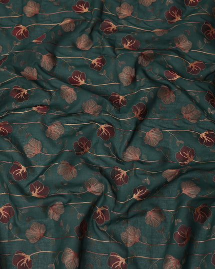 Deep Green Floral Embroidered Cotton Voile Fabric with Multicolor Threadwork, 110 Cms Width, India-D25323