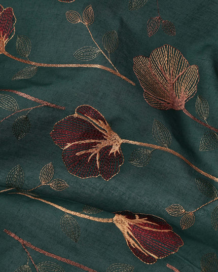 Deep Green Floral Embroidered Cotton Voile Fabric with Multicolor Threadwork, 110 Cms Width, India-D25323