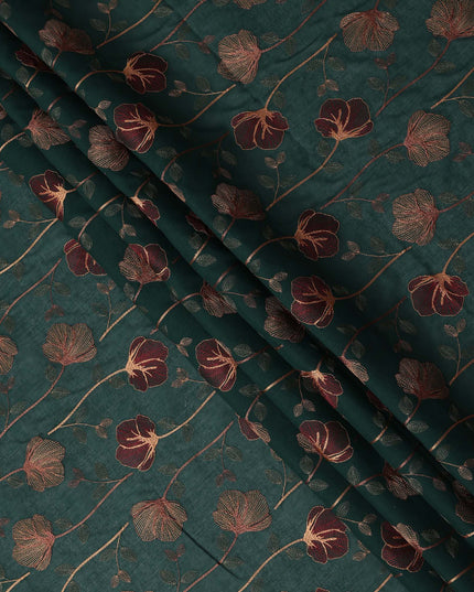 Deep Green Floral Embroidered Cotton Voile Fabric with Multicolor Threadwork, 110 Cms Width, India-D25323