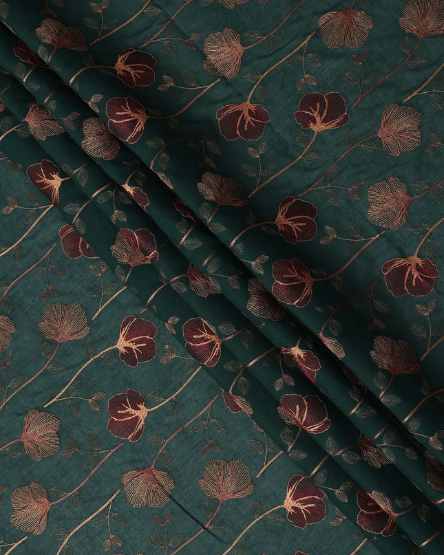 Deep Green Floral Embroidered Cotton Voile Fabric with Multicolor Threadwork, 110 Cms Width, India-D25323