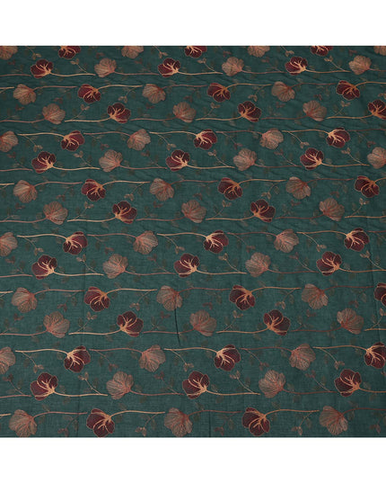 Deep Green Floral Embroidered Cotton Voile Fabric with Multicolor Threadwork, 110 Cms Width, India-D25323