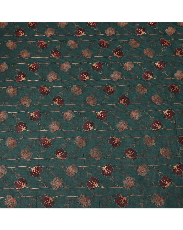 Deep Green Floral Embroidered Cotton Voile Fabric with Multicolor Threadwork, 110 Cms Width, India-D25323