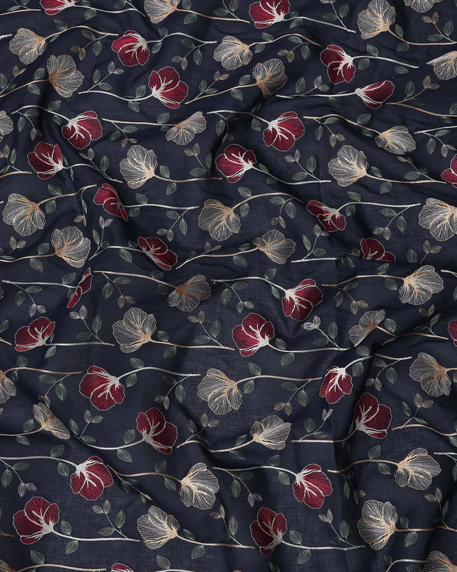 Navy Blue Floral Embroidered Cotton Voile Fabric with Multicolor Threadwork, 110 Cms Width, India-D25322