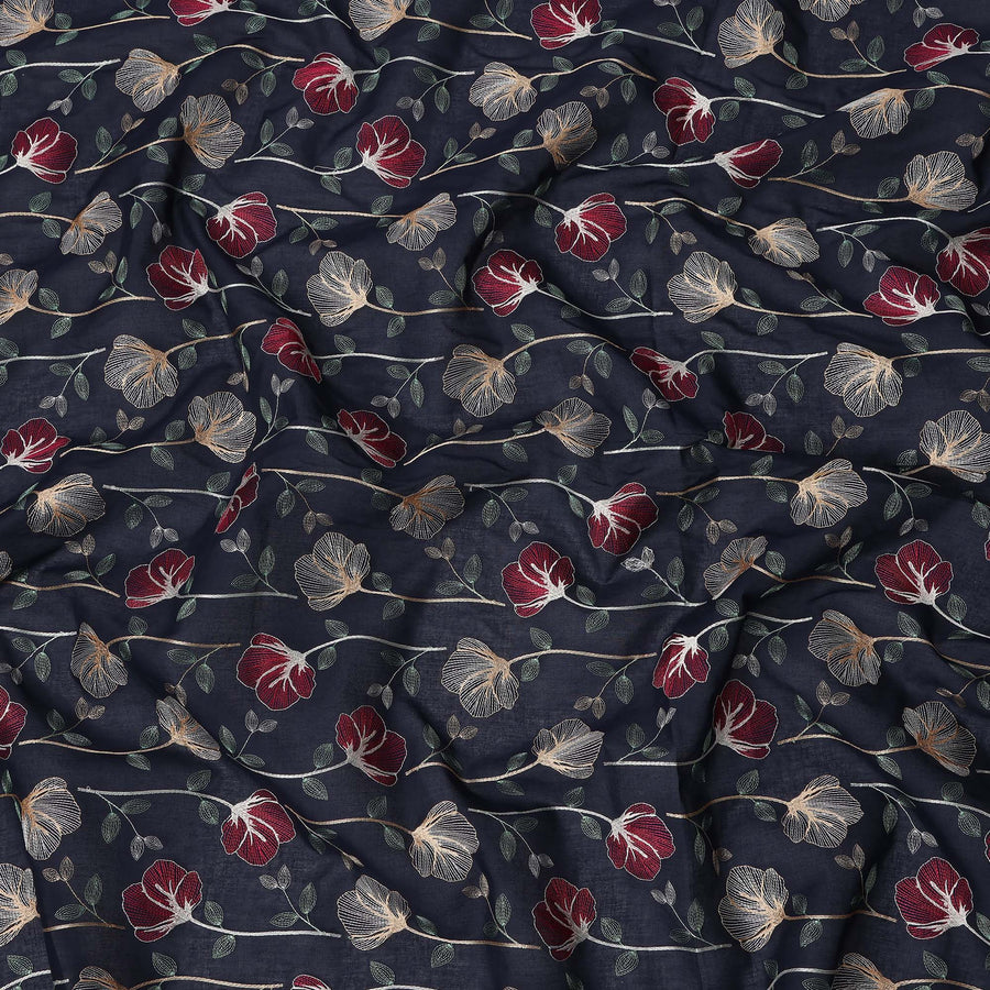 Navy Blue Floral Embroidered Cotton Voile Fabric with Multicolor Threadwork, 110 Cms Width, India-D25322