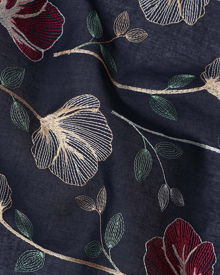 Navy Blue Floral Embroidered Cotton Voile Fabric with Multicolor Threadwork, 110 Cms Width, India-D25322