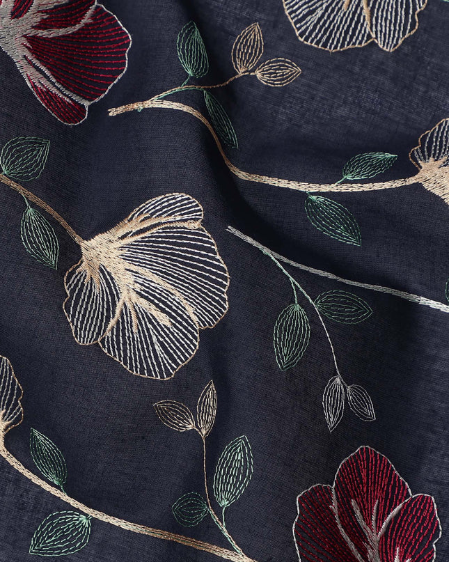 Navy Blue Floral Embroidered Cotton Voile Fabric with Multicolor Threadwork, 110 Cms Width, India-D25322