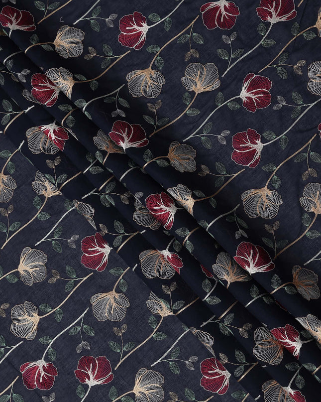 Navy Blue Floral Embroidered Cotton Voile Fabric with Multicolor Threadwork, 110 Cms Width, India-D25322