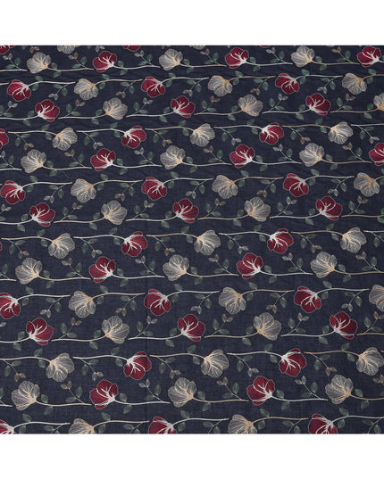 Navy Blue Floral Embroidered Cotton Voile Fabric with Multicolor Threadwork, 110 Cms Width, India-D25322