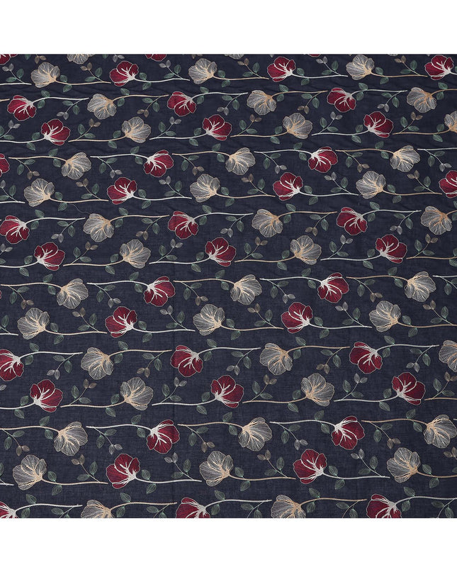 Navy Blue Floral Embroidered Cotton Voile Fabric with Multicolor Threadwork, 110 Cms Width, India-D25322