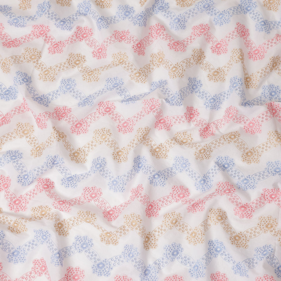 White Multicolor Floral Ribbon Print Cotton Voile Fabric 150 Cms Width Lightweight Soft Dressmaking Craft Material India-D28080