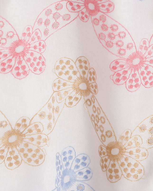 White Multicolor Floral Ribbon Print Cotton Voile Fabric 150 Cms Width Lightweight Soft Dressmaking Craft Material India-D28080