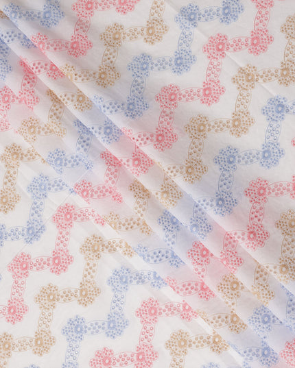 White Multicolor Floral Ribbon Print Cotton Voile Fabric 150 Cms Width Lightweight Soft Dressmaking Craft Material India-D28080