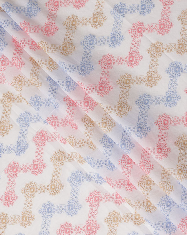 White Multicolor Floral Ribbon Print Cotton Voile Fabric 150 Cms Width Lightweight Soft Dressmaking Craft Material India-D28080