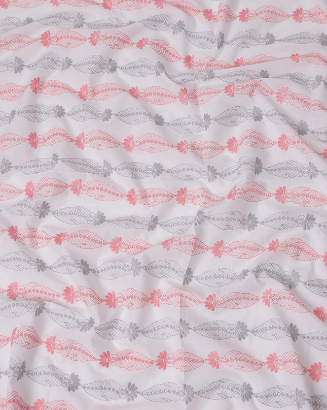 White Cotton Voile Embroidery Fabric with Pink and Grey Floral Leaf Design, 110 Cms Width, India-D25295