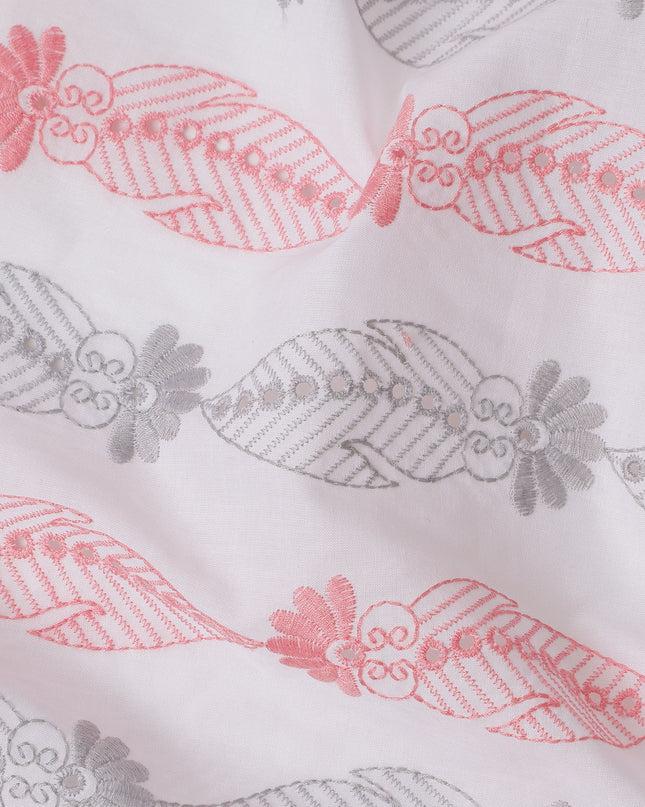 White Cotton Voile Embroidery Fabric with Pink and Grey Floral Leaf Design, 110 Cms Width, India-D25295