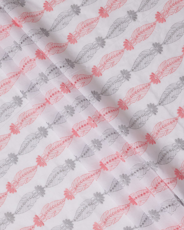 White Cotton Voile Embroidery Fabric with Pink and Grey Floral Leaf Design, 110 Cms Width, India-D25295