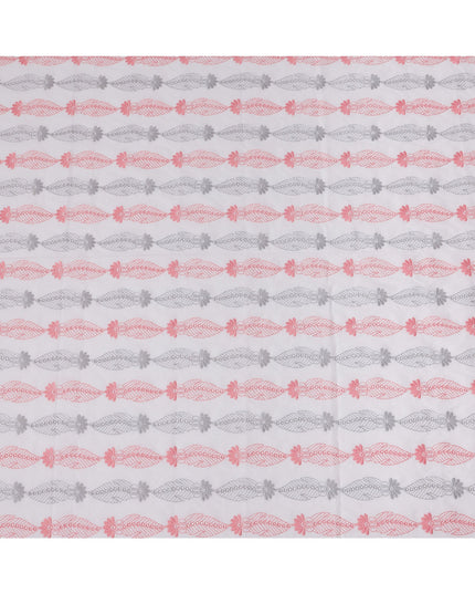 قماش تطريز من القطن الأبيض بتصميم أوراق شجر وردية ورمادية، عرض 110 سم، الهند - D25295